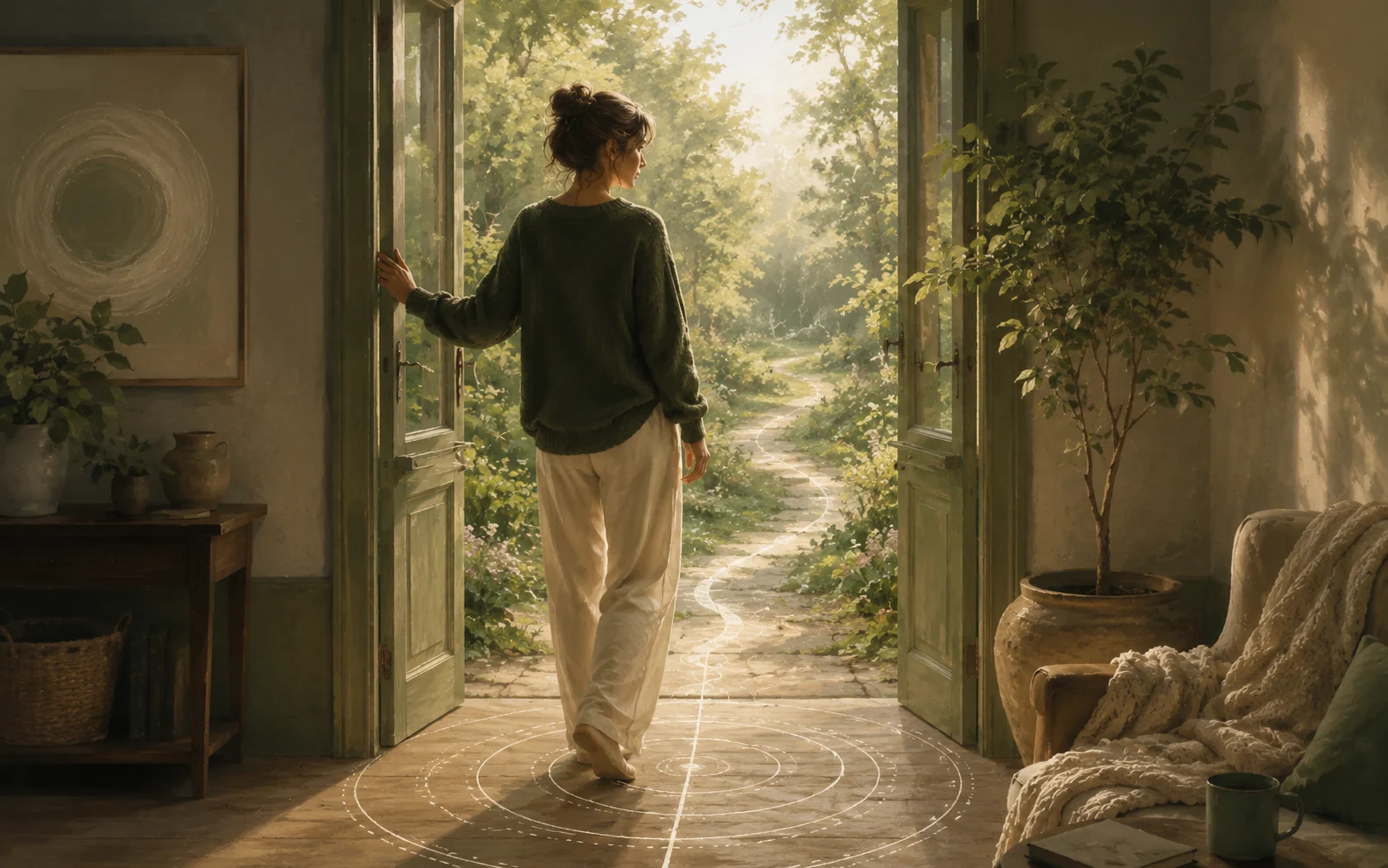 Mujer abriendo una puerta hacia un jardín luminoso, símbolo de autonomía y transformación