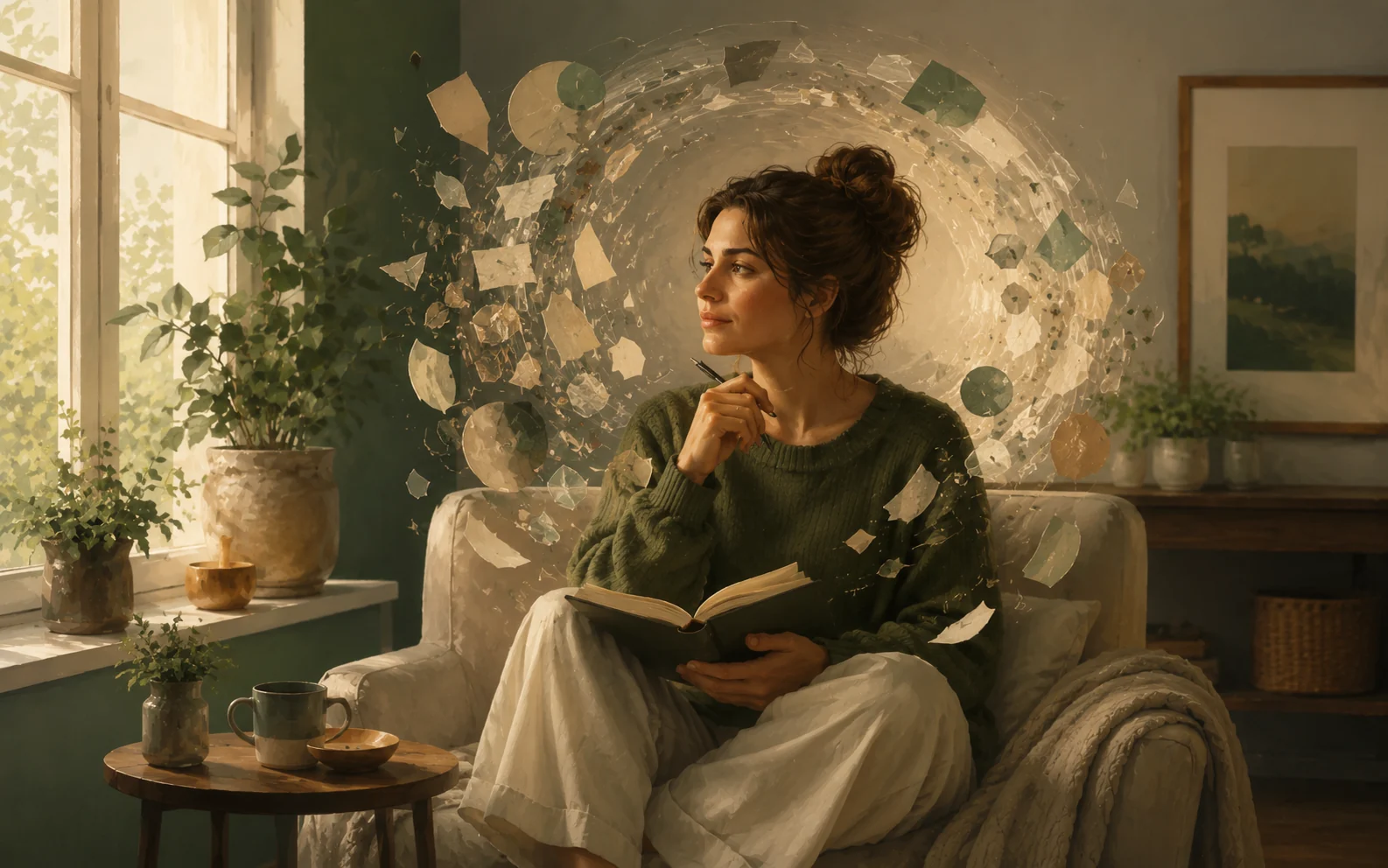 Mujer escribiendo en un cuaderno con fragmentos flotando alrededor, símbolo de integración personal