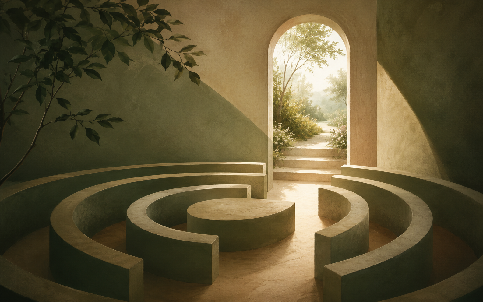 Laberinto circular iluminado que conduce hacia una puerta abierta y un jardín luminoso, símbolo de una salida interior